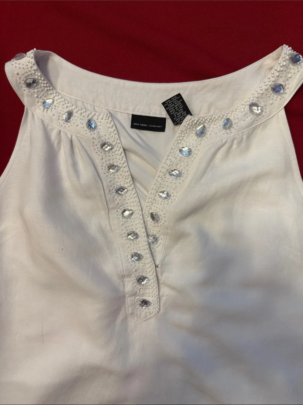 New York & Co White Sleeveless Linen mini dress with gem Stoned